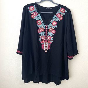 64 Sixty Five Blouse Top Womens Size XL Floral Embroidered Vneck Black